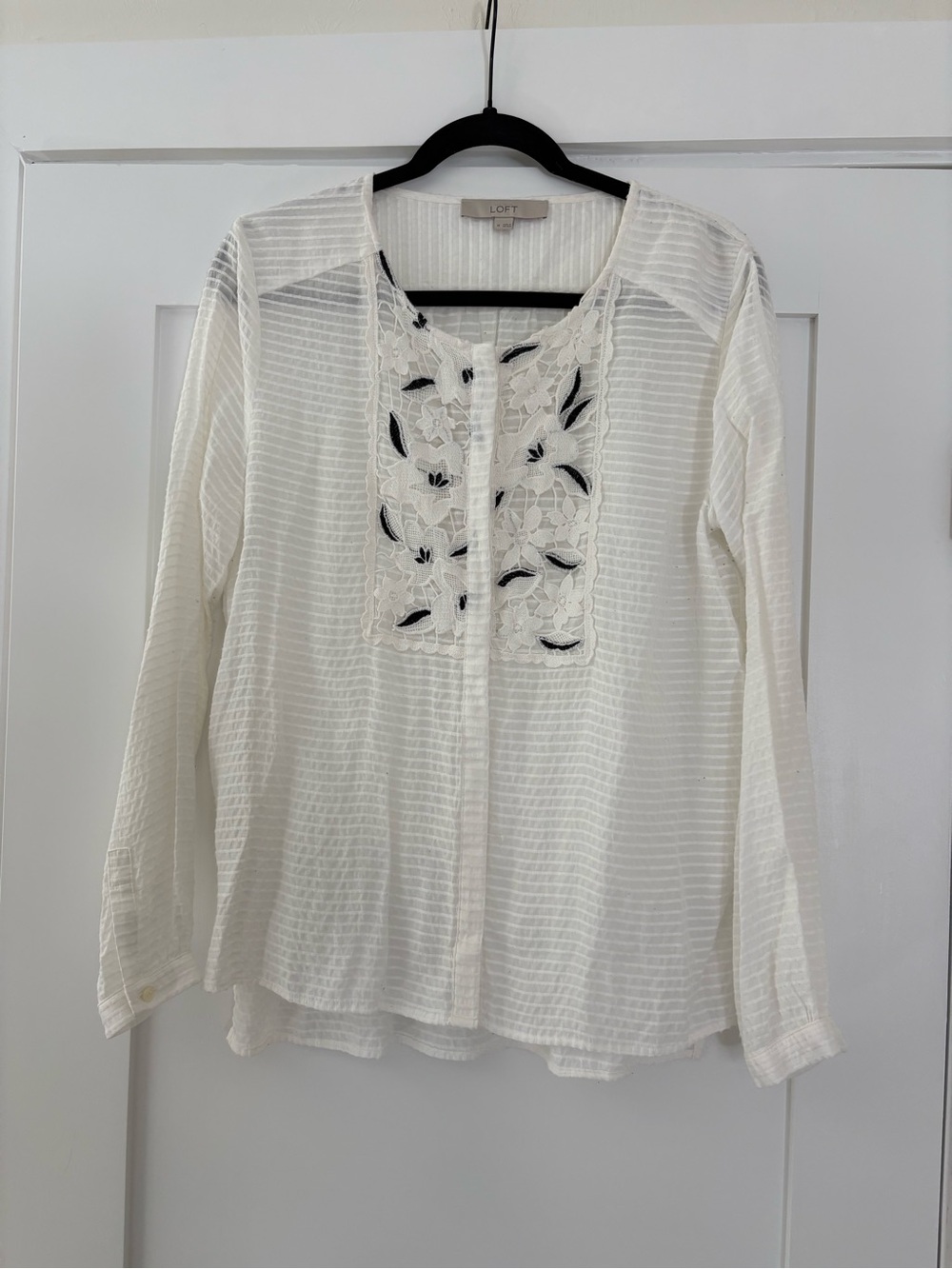 LOFT White Striped Crinkle Gauze Lace Bib Long Sleeve Blouse